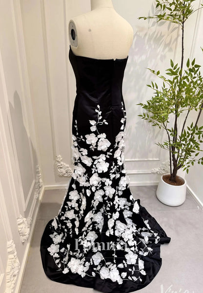 3D Floral Sleeveless Strapless Black and White Mermaid Prom Dress