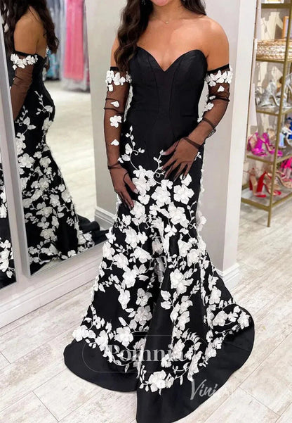3D Floral Sleeveless Strapless Black and White Mermaid Prom Dress