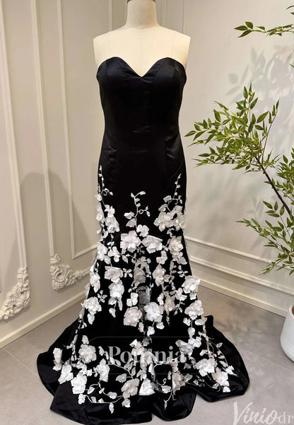 3D Floral Sleeveless Strapless Black and White Mermaid Prom Dress