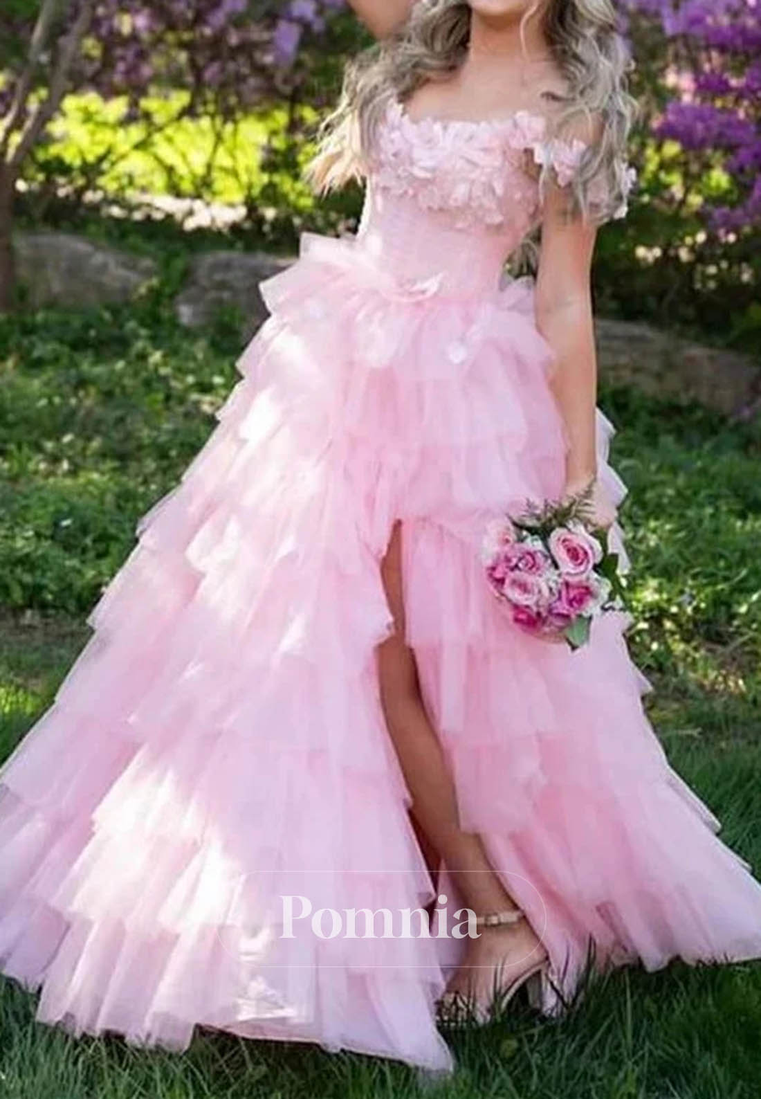 3D Floral Ruffles Layered Tulle Prom Dress Off-Shoulder Prom Dress