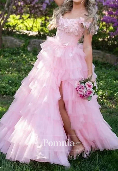 3D Floral Ruffles Layered Tulle Prom Dress Off-Shoulder Prom Dress