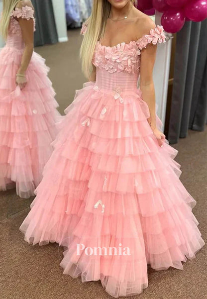3D Floral Ruffles Layered Tulle Prom Dress Off-Shoulder Prom Dress