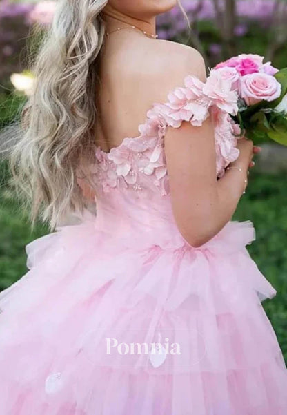 3D Floral Ruffles Layered Tulle Prom Dress Off-Shoulder Prom Dress