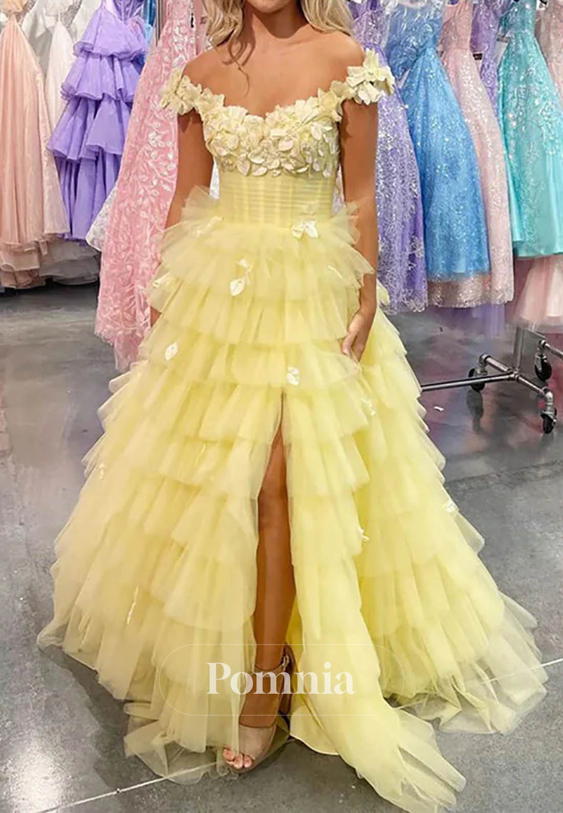 3D Floral Ruffles Layered Tulle Prom Dress Off-Shoulder Prom Dress