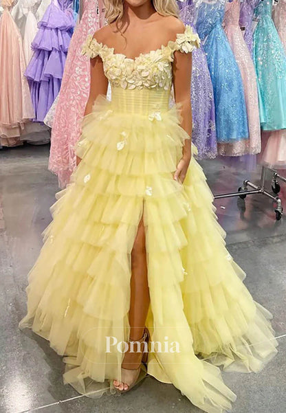 3D Floral Ruffles Layered Tulle Prom Dress Off-Shoulder Prom Dress