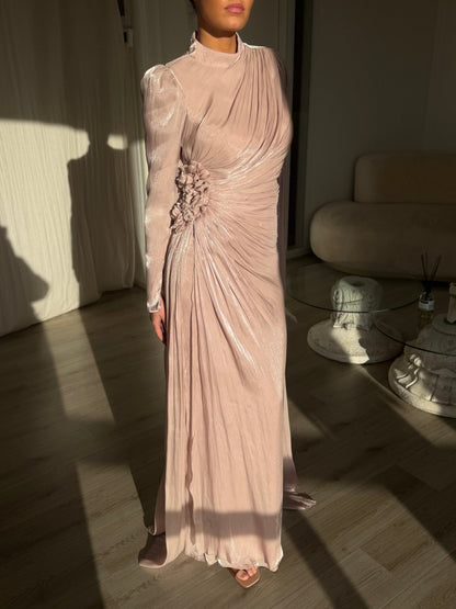 Blushing Pink Long Sleeves High Neck Ruched Evening Dress