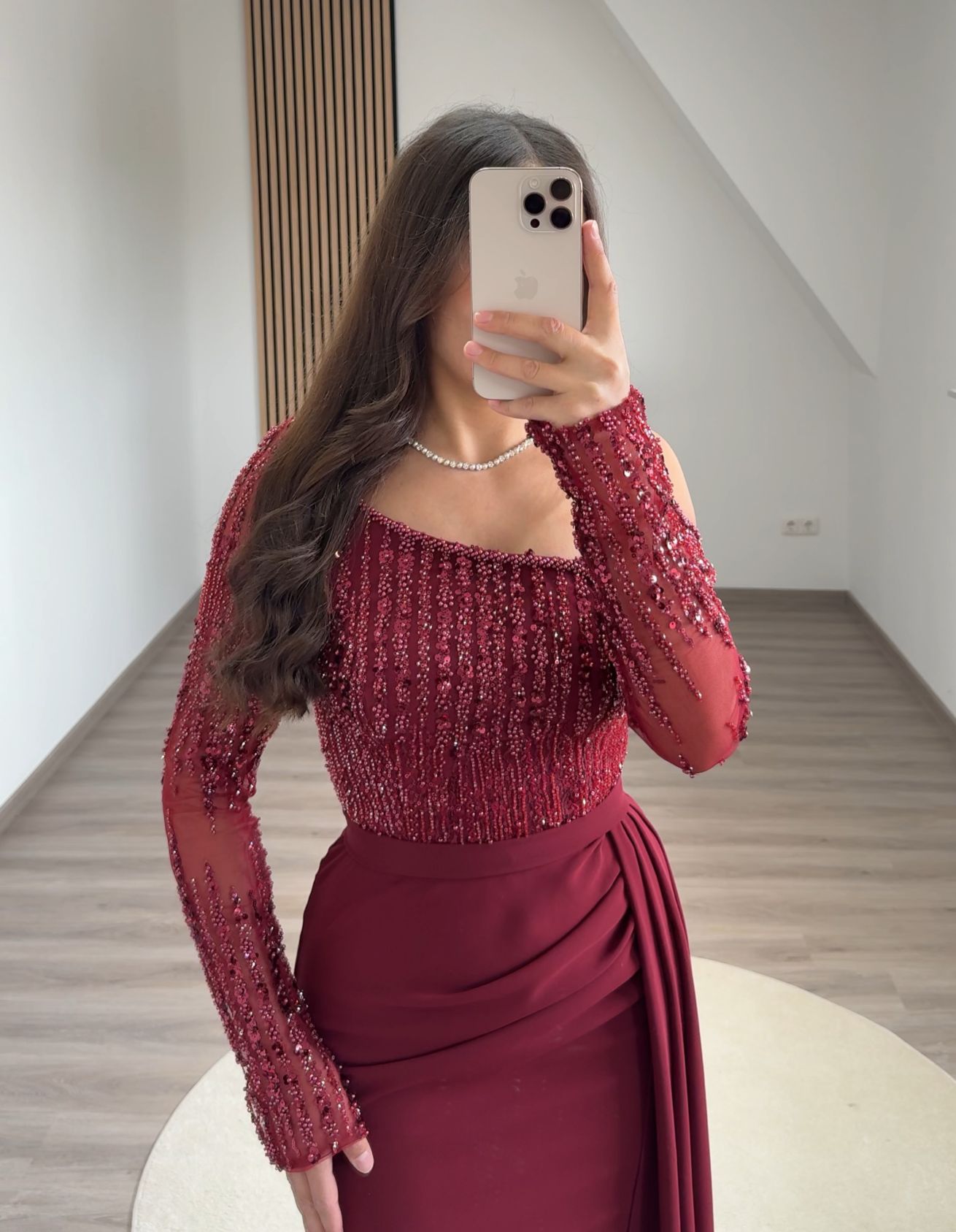 Long Sleeves Off-Shoulder Empire-Waist Evening Dress