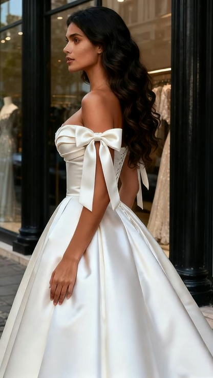 A Line Off The Shoulder Ruched Tie Shoulder Satin Wedding Dress