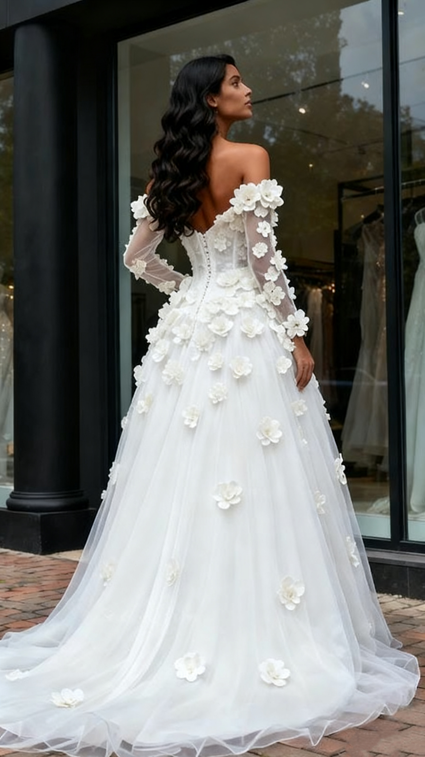 Long Sleeves Tulle Flowers Off The Shoulder Wedding Dress