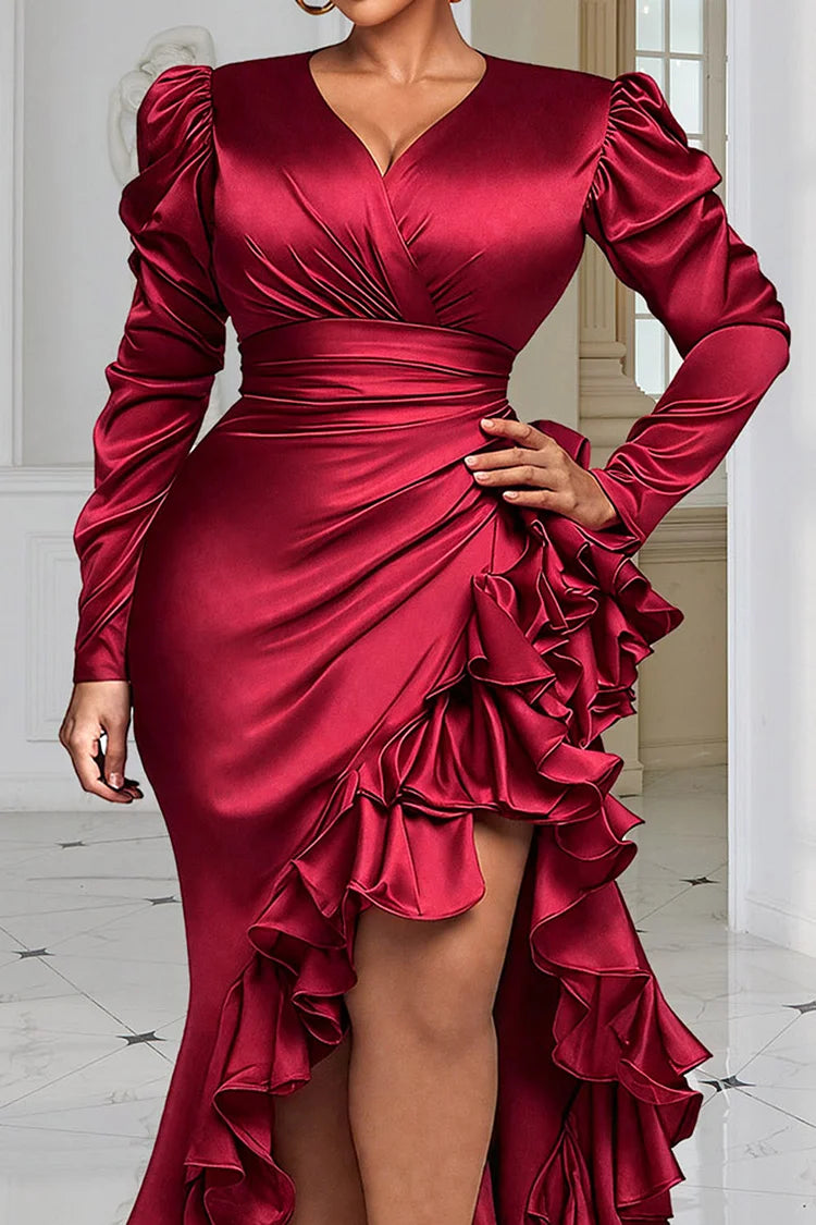 Christmas Red Wrap Neck Long Sleeve Ruffle Elegant Asymmetric Satin Maxi Dress