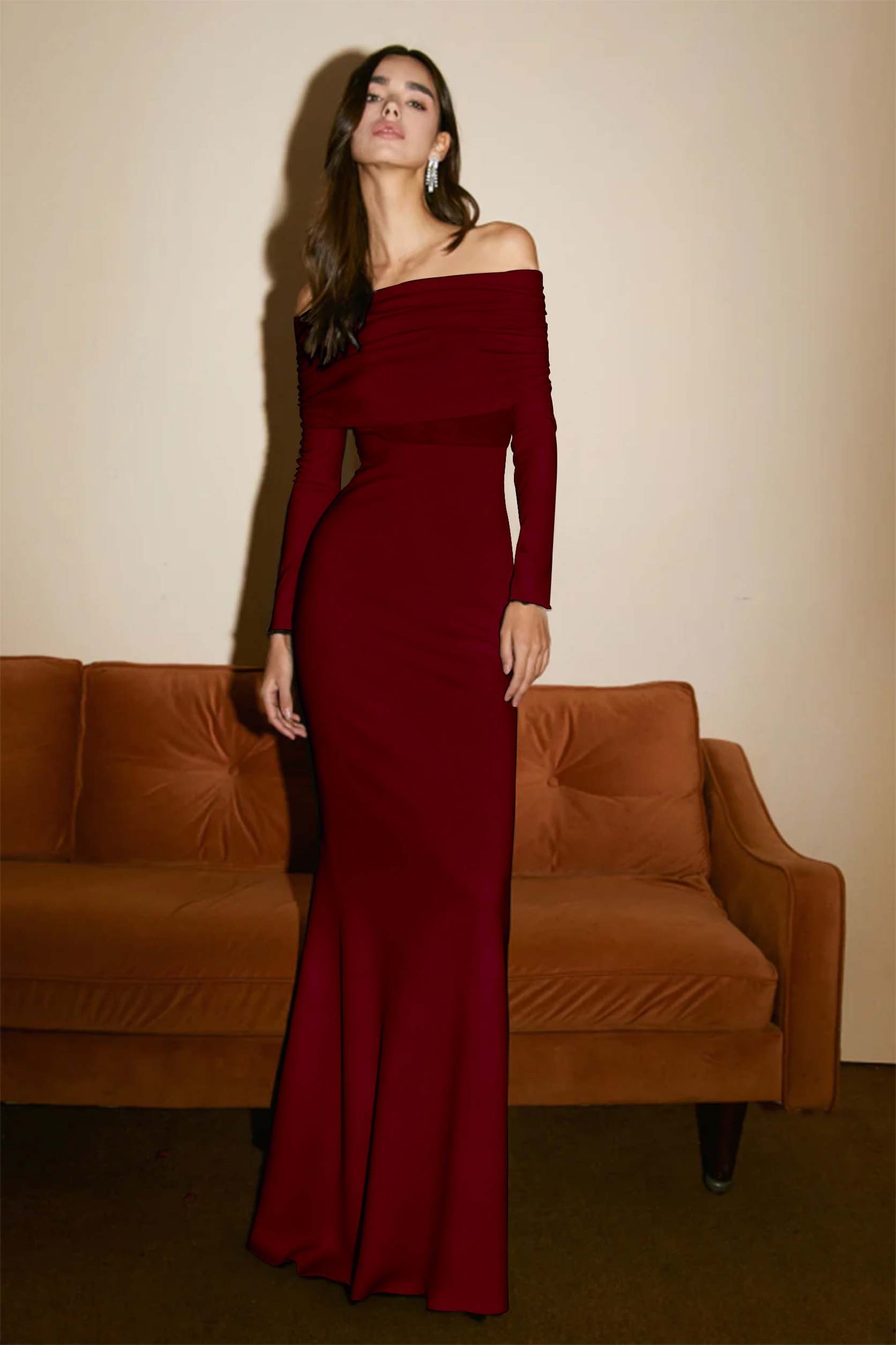 Strapless Long Sleeves Long Pleated Mermaid Prom Dress