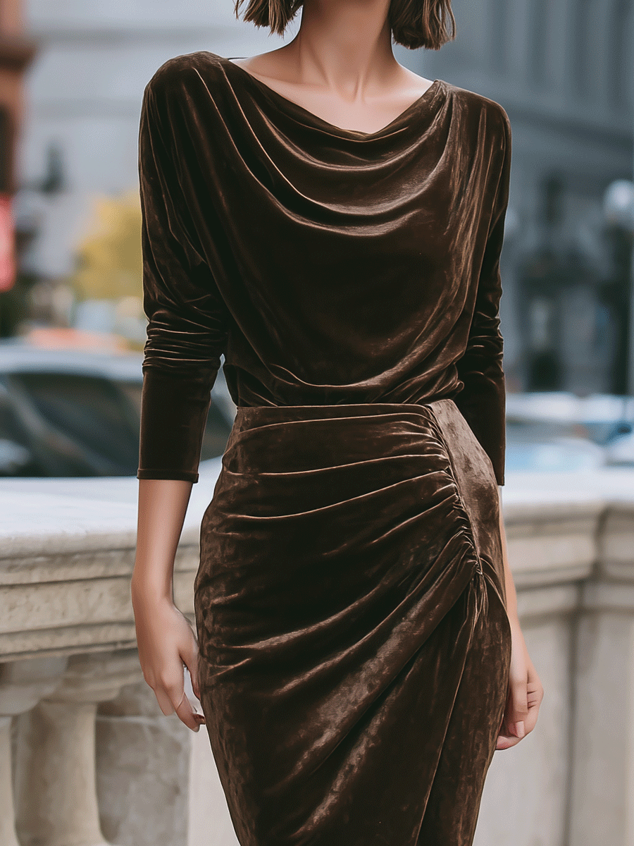 Chocolate-brown Velvet Two-piece Set