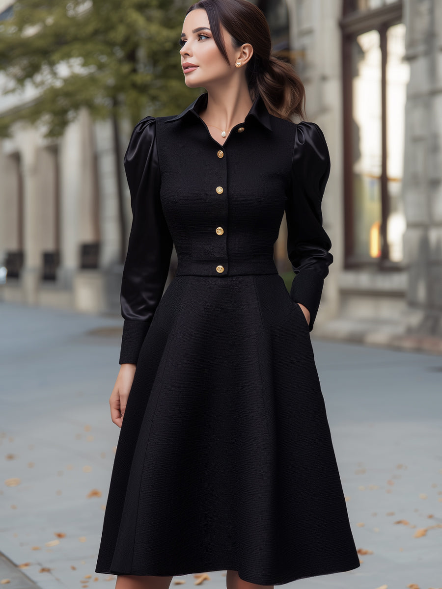 Structured Contrast-Sleeve A-Line Midi Dress
