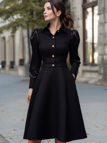 Structured Contrast-Sleeve A-Line Midi Dress