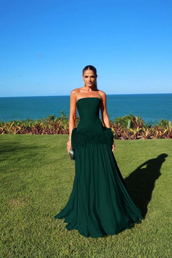 Chiffon Strapless Sleeveless Long A-Line Prom Dress With Pleated And Feathers