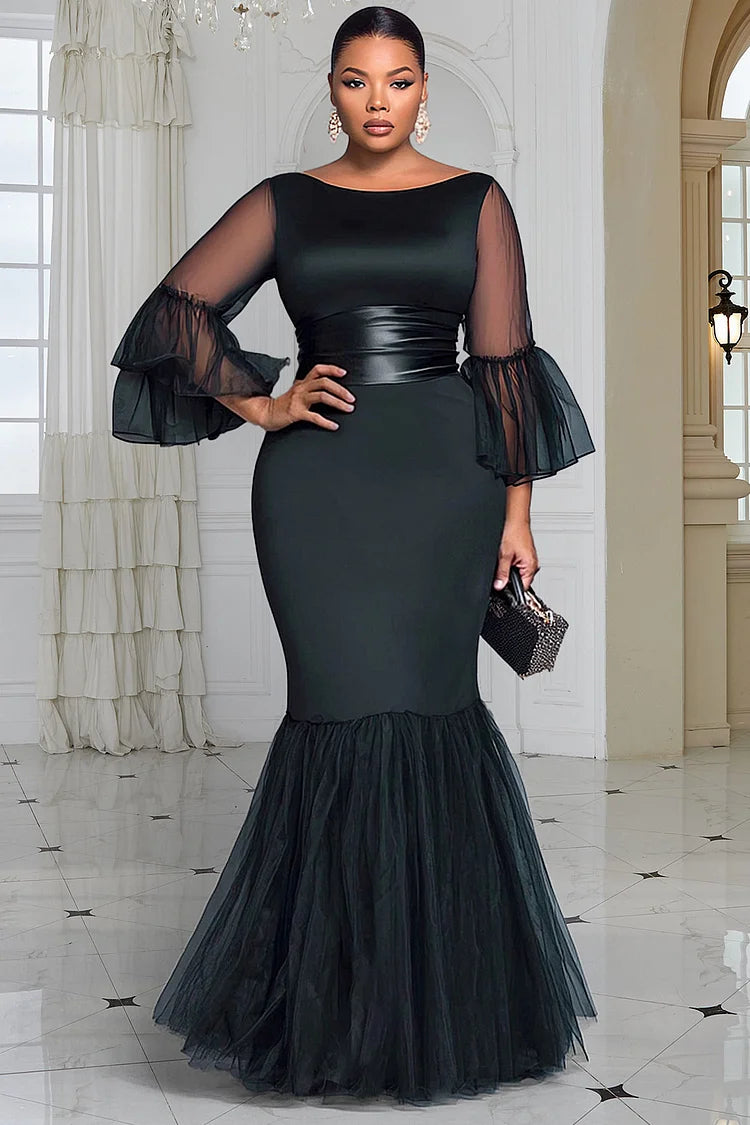 Formal Tulle Black Round Neck Flare 3/4 Sleeve Contrast Satin Maxi Dresses