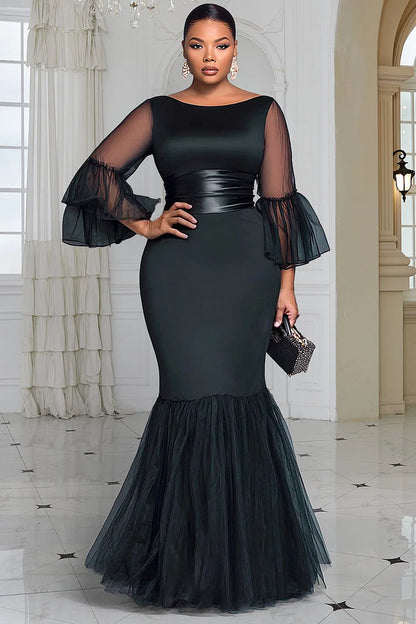 Formal Tulle Black Round Neck Flare 3/4 Sleeve Contrast Satin Maxi Dresses