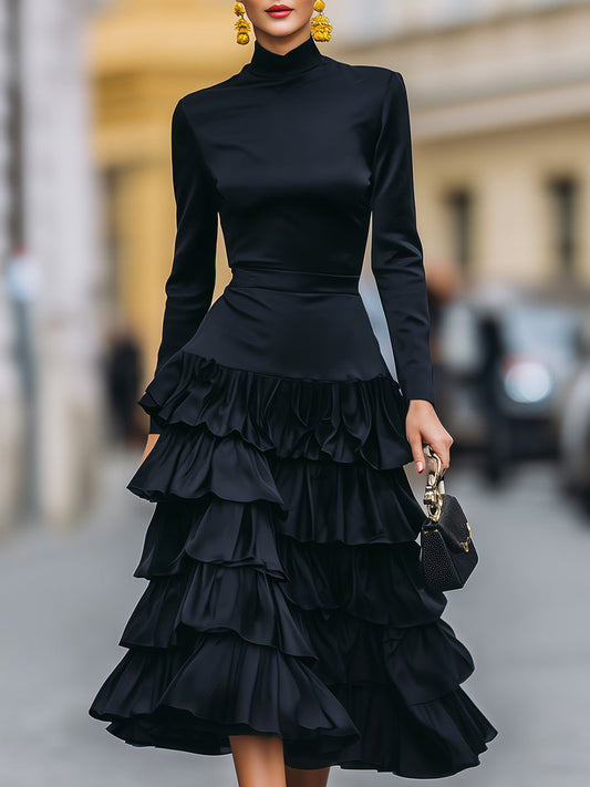 Elegant Mock Neck Tiered Ruffle Midi Dress