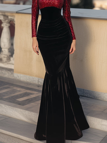 Elegant Red Glitter And Black Velvet Evening Gown