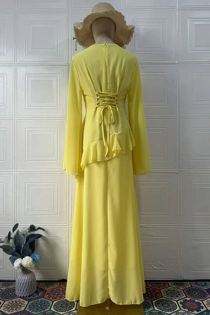 Round Neck Flare Sleeve Ruffled Solid Color Maxi Dresses