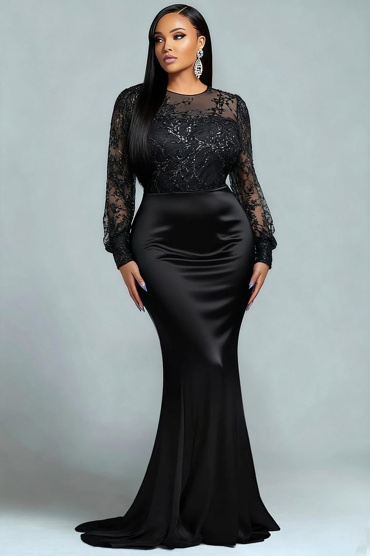 Formal Sequin Black Round Neck Puff Sleeve Long Sleeve Mermaid Maxi Dress