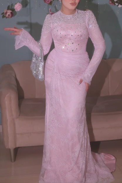 Beading Rhinestone Lace Flutter Sleeve Party Maxi Dress