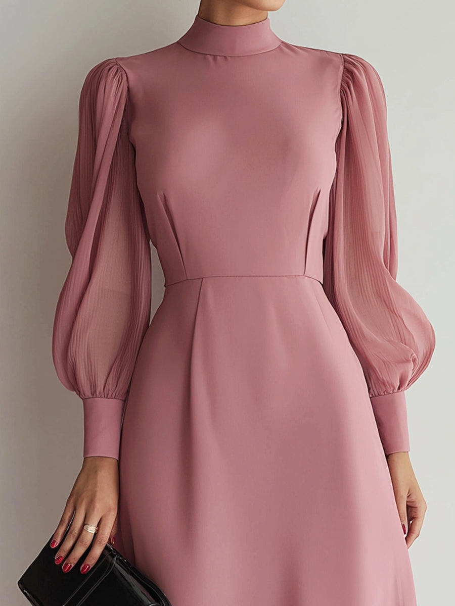 Rose Mist High-Neck Chiffon-Sleeve Midi Gown