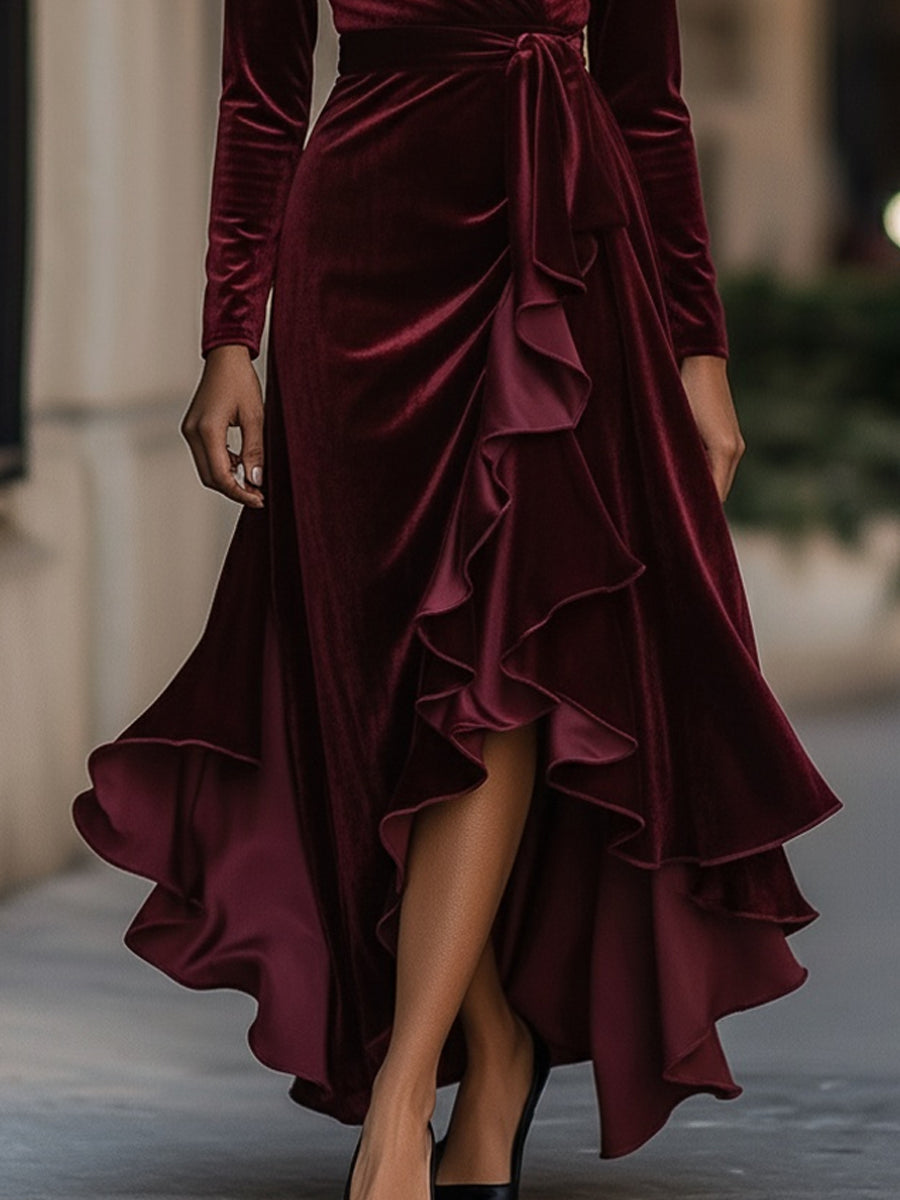 Burgundy Velvet Wrap Gown With Cascading Ruffle Hem