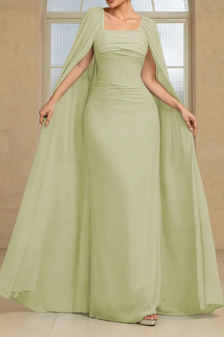 Pleated Square Neck Cape Sleeve Solid Color Party Maxi Dress