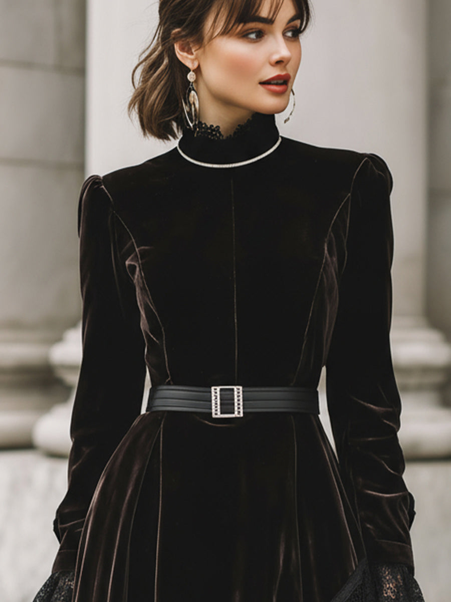 Black Velvet Lace-Trim Dress With Belt