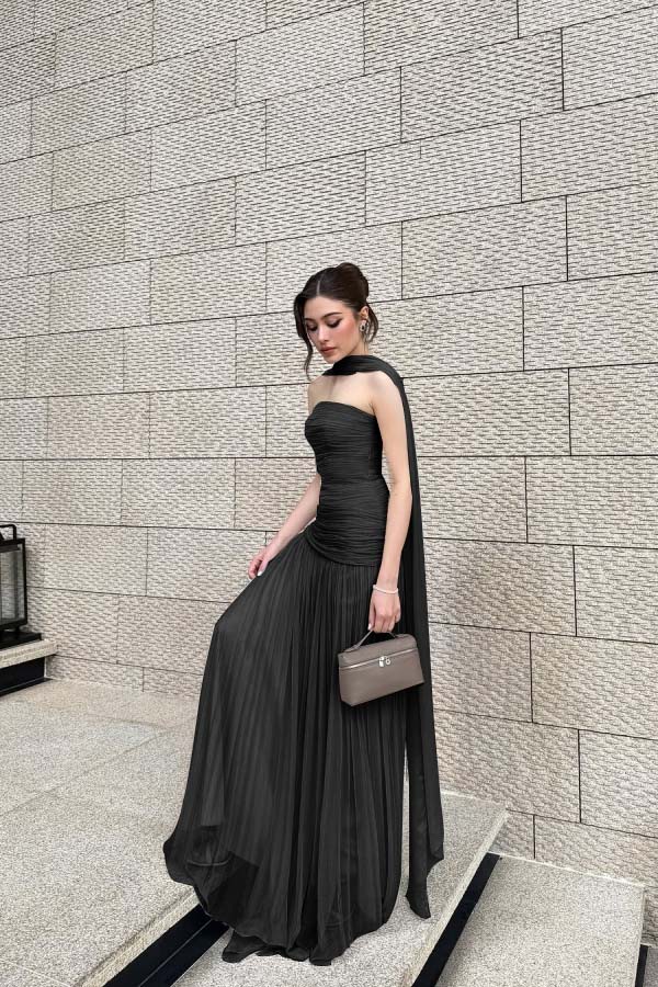 Chiffon Strapless Sleeveless Long Pleated A-Line Prom Dress With Ruffles