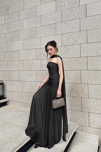 Chiffon Strapless Sleeveless Long Pleated A-Line Prom Dress With Ruffles