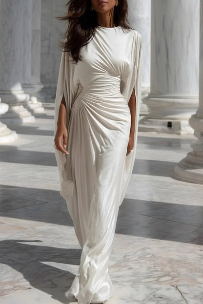 Asymmetric Cape Sleeve Ruched Waist Pleated Boat Neck Maxi Dresses