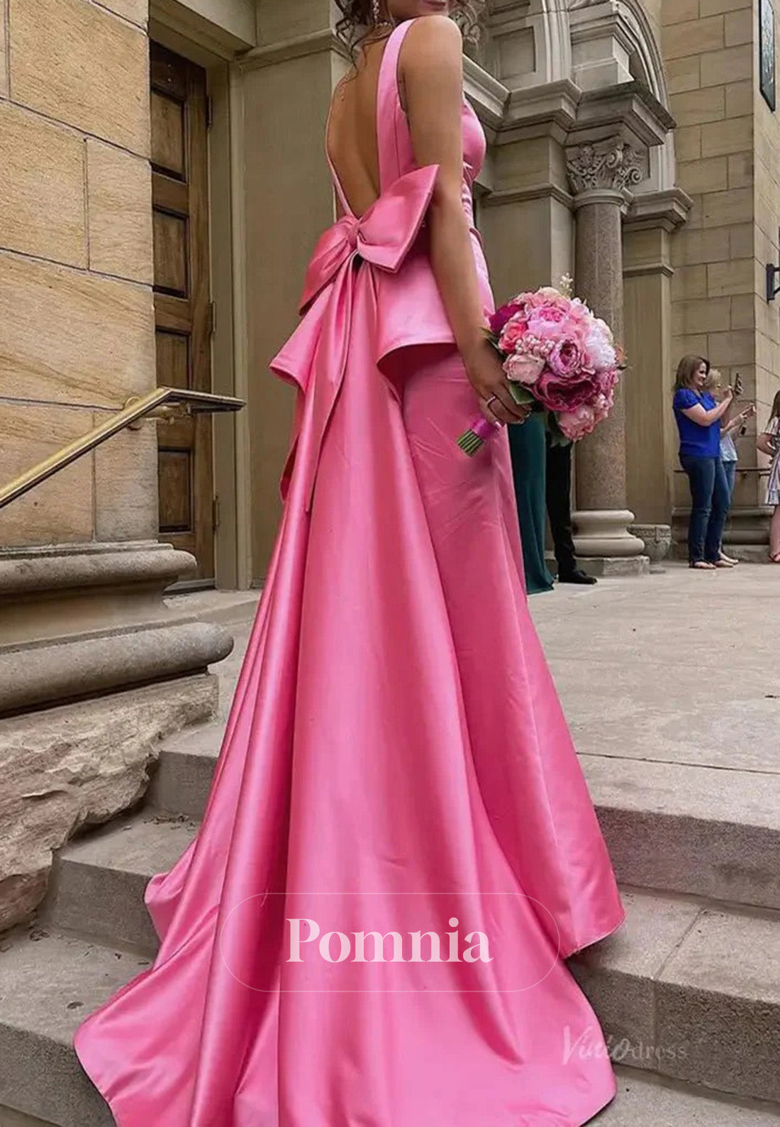 Blushing Pink Spaghetti Straps V-Neck Bowknot Prom Dress