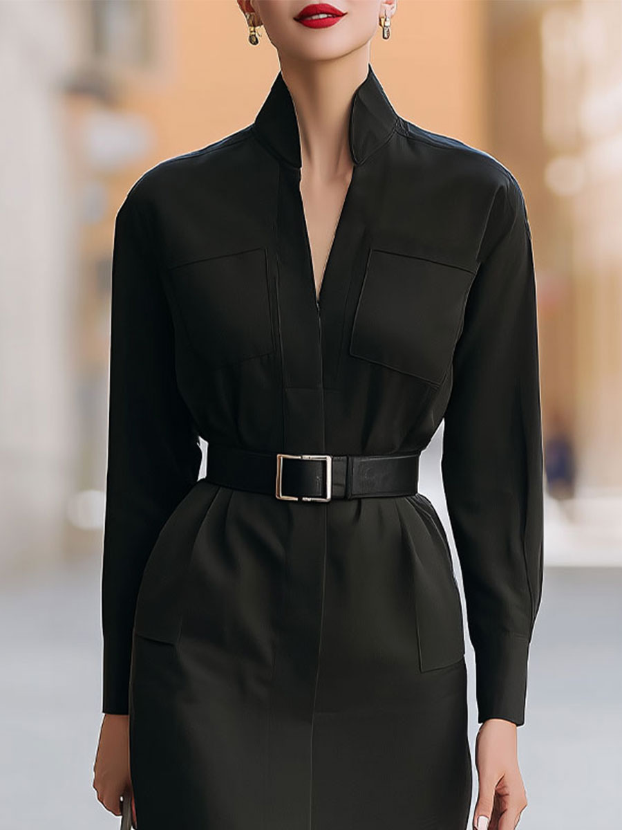Stand-Collar Utility Belted Midi Dress