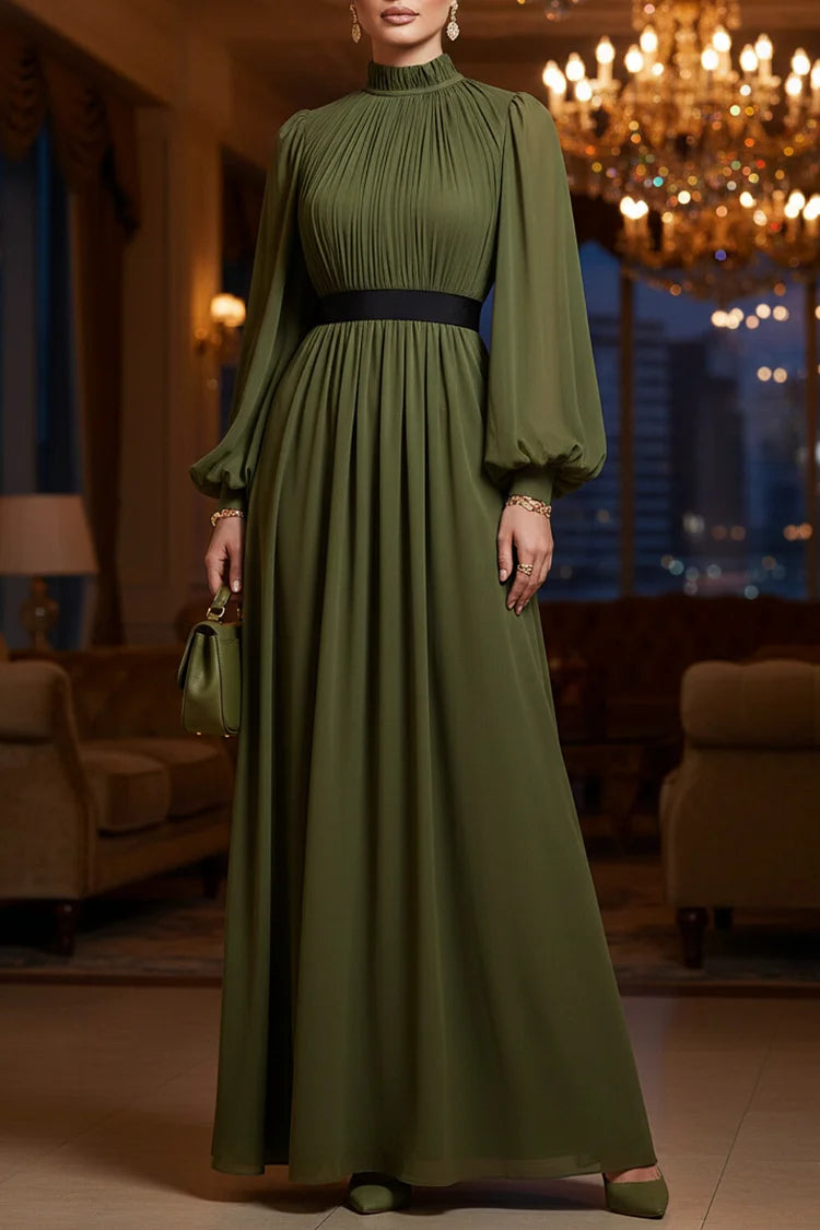 Pleated Mock Neck Puff Sleeve Solid Color Party Maxi Dress