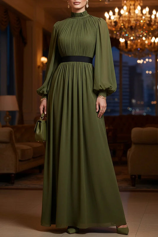 Pleated Mock Neck Puff Sleeve Solid Color Party Maxi Dress
