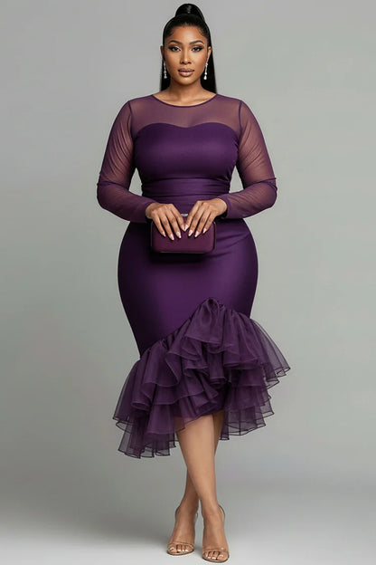 Cocktail Party Purple Round Neck Long Sleeve Ruffle Tulle Midi Dress