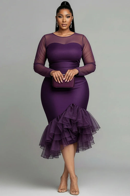 Cocktail Party Purple Round Neck Long Sleeve Ruffle Tulle Midi Dress
