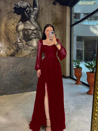 Lantern Long Sleeves Long A-Line Pleated Prom Dress With Split And Corset