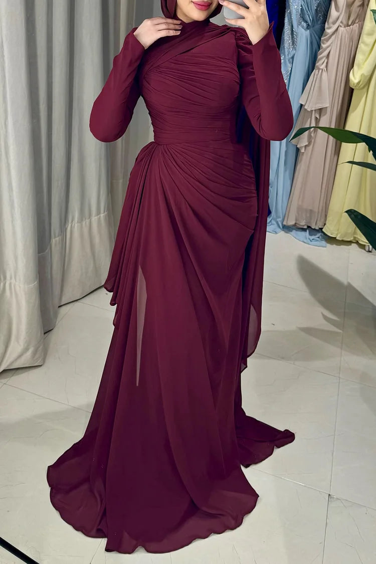 Draped Ruched Train Mock Neck Cinch Waist Party Maxi Dress