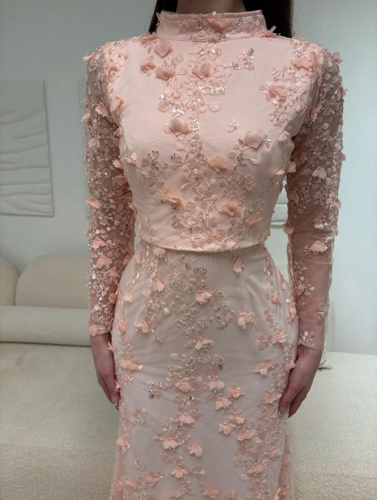 Pink High Neck Lace Sequins Flowers Long Sleeve Mermaid Evening Dress