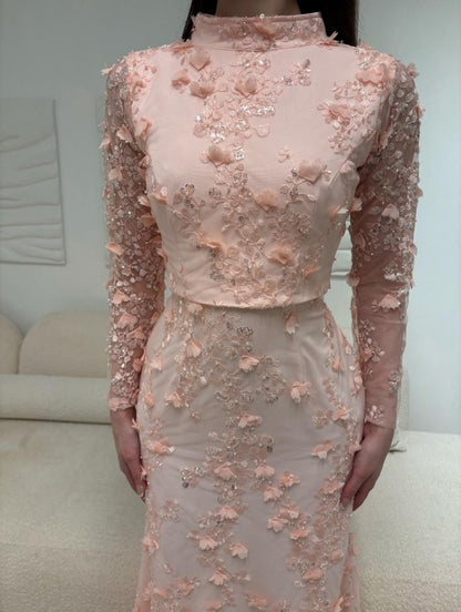 Pink High Neck Lace Sequins Flowers Long Sleeve Mermaid Evening Dress