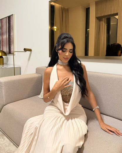 High-Neck Sleeveless Prom Dress Mermaid Pleated with Rhinestone