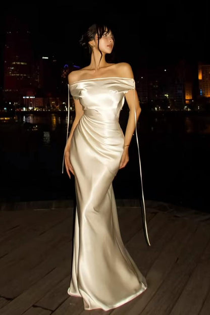 Ivory Satin Strapless Sleeveless Long Mermaid Prom Dress With Belts And Pleated