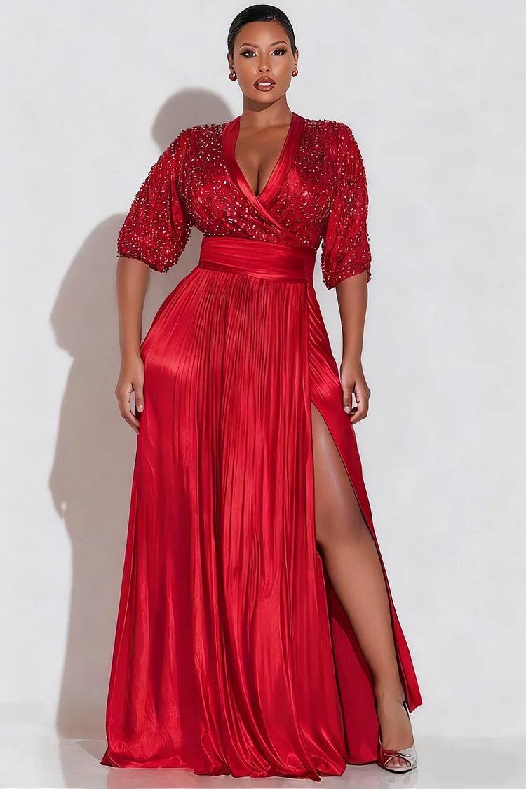Red Wrap Neck Puff Sleeve Half Sleeve Split Elegant Contrast Sequin Maxi Dress