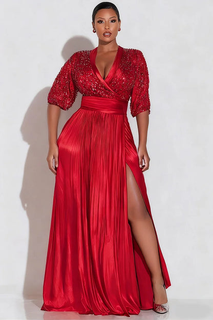 Red Wrap Neck Puff Sleeve Half Sleeve Split Elegant Contrast Sequin Maxi Dress