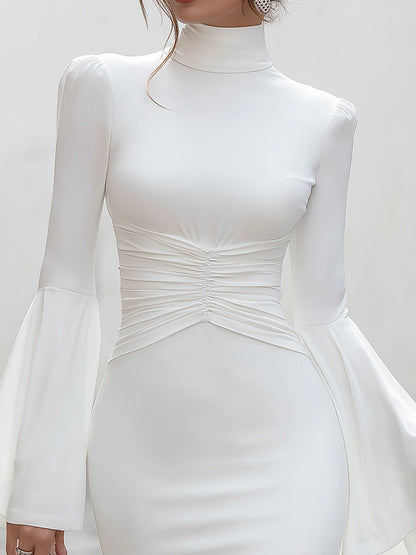 High-Neck Ruched Waist Dress With Dramatic Flared Sleeves