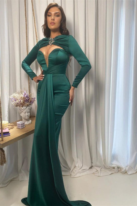 Elegant Emerald Green V-Neck Prom Dress Long Sleeves Satin