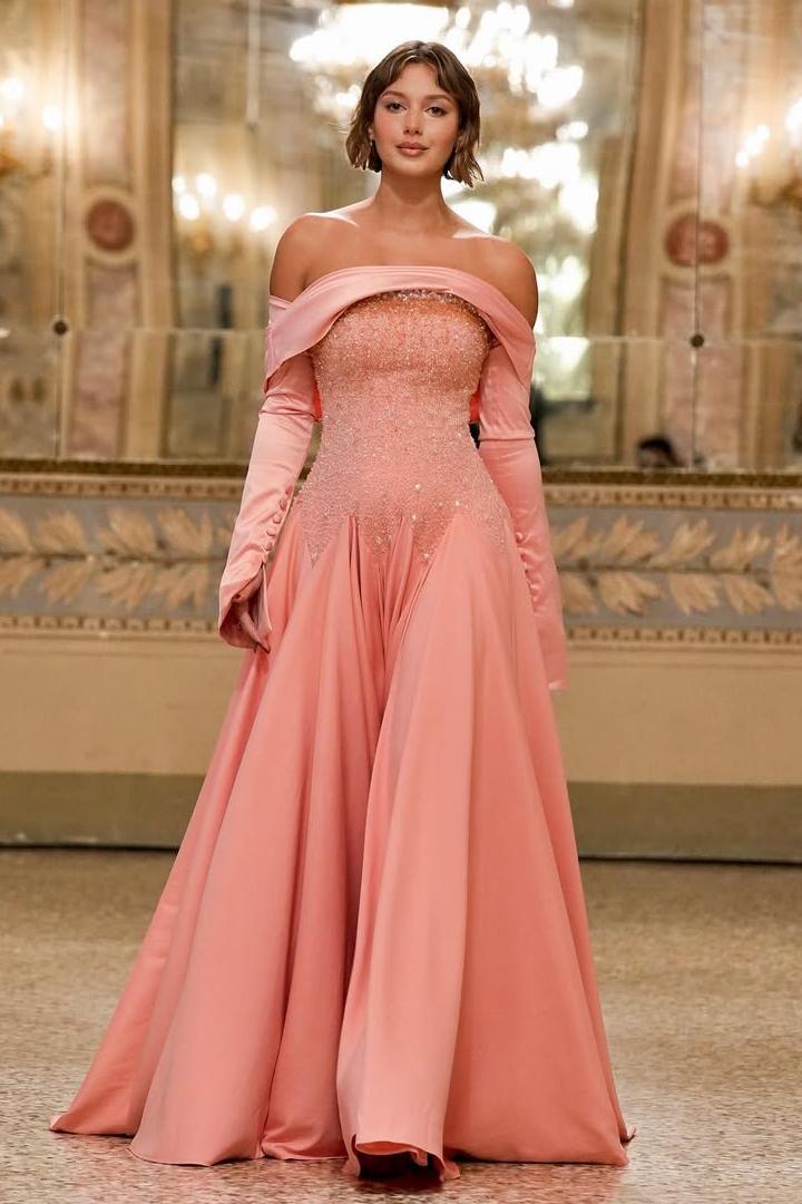 Chic Off The Shoulder Long Sleeves Long Prom Dress With Beading